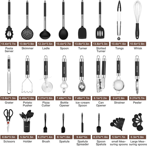 Kitchen Utensils Set, 32 pcs Non-Stick Silicone Cooking Utensils with Holder and Stainless Steel Handle