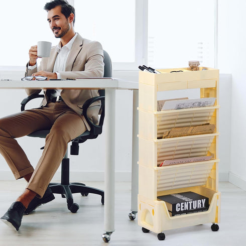 5 AGTEK Tier Rolling Utility Cart, Book Cart with Wheels, Office Book Carts with Divided Top Shelf for Organizing Books