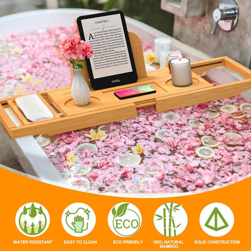 Premium Bamboo Bathtub Tray Caddy - Expandable Bath Tray Table for Most Bathtubs