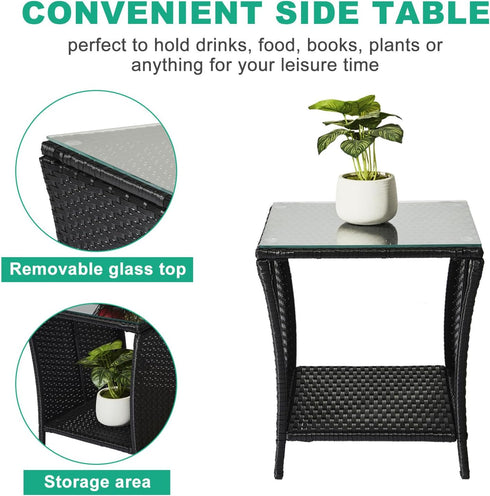 Bonnlo 46x46x50cm Outdoor Coffee Table, Small Garden Side Table with Glass Top and Shelf Underneath, Outside Patio