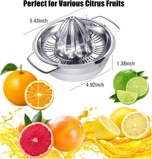 Citrus Juicer Manual Squeezer, 304 Stainless Steel Robust Hand Juicer Reamer with Strainer & 10oz Bowl, 2 Pour Spouts,
