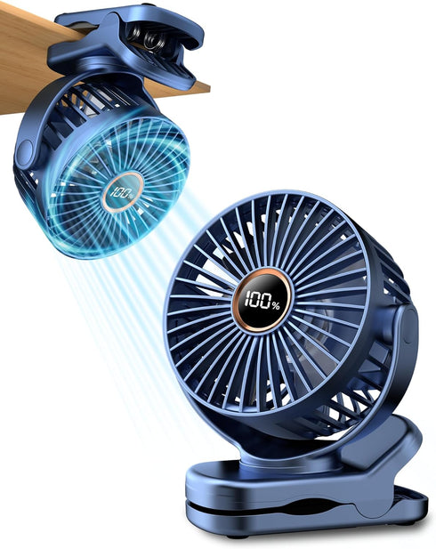 3.5" Rechargeable Clip On Fan Small Portable with Strong Clamp Grip, 3-Speed & LED Display, Blue