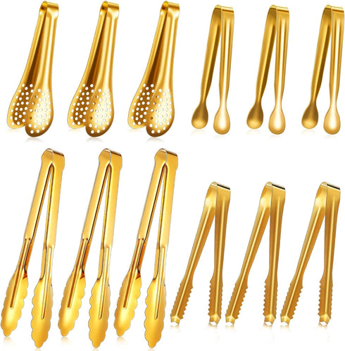 Gold 12 Pieces Mini Serving Tongs, Stainless Steel Appetizer Tongs, Cooking Tong for Salad, Buffet, Party, 5 Inch, 9