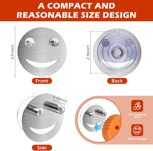 Dlilise Stainless Steel Smiley Face Sponge Daddy Holder, Brushed Silver Sink Caddy Organizer with Suction Cup