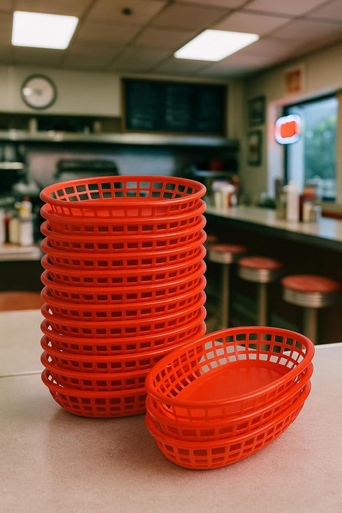 Red Plastic Food Baskets, 36-Pack Oval Serving Trays for Burgers, Fries & Sandwiches