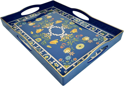 4 15 11 1.9 Boho Blue Decorative Tray, Serving Tray with Handles, Plastic Tray for Coffee Table, Ottoman - Ideal