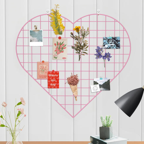 Grid Photo Wall Panels, 22.4"x20.4" Heart Shape Iron Rack Art Wire Board, DIY Photo Frame for Home and Office, Pink