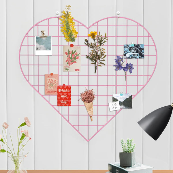 Grid Photo Wall Panels, 22.4"x20.4" Heart Shape Iron Rack Art Wire Board, DIY Photo Frame for Home and Office, Pink