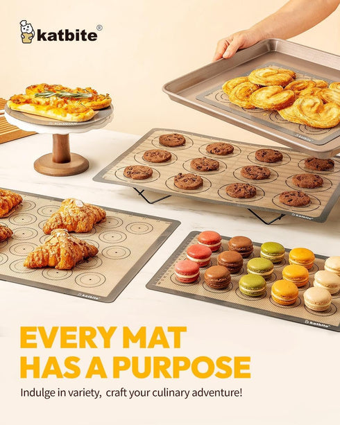 Katbite Silicone Baking Mat Set of 5, Food Grade Non-stick Reusable Bakeware Mats for Cookie, Macaron, Pizza