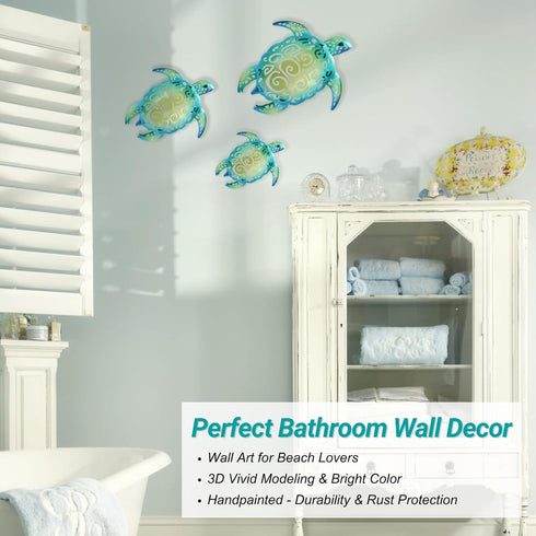 YOUIN Set of 3 Metal Sea Turtle Beach Theme Wall Art Decorations for Indoor Outdoor Bathroom Garden