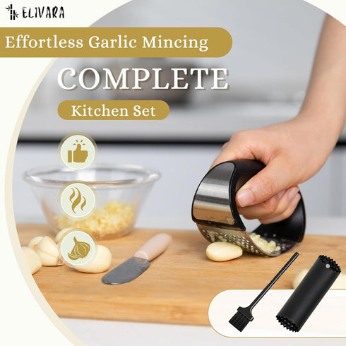 ELIVARA Set Stainless Steel Garlic Press Rocker (Black) - Includes Silicone Peeler and Cleaning Brush for Effortless