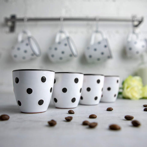 City to Cottage Ceramic Espresso Cups Set of 4 - Handcrafted White and Black Polka Dot Demitasse Mugs