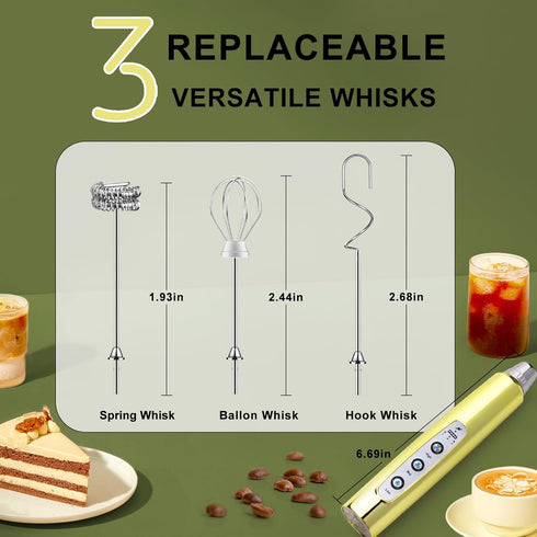 YUSWKO Champagne Gold Handheld Milk Frother Wand - Rechargeable Electric Whisk with 3 Heads, 3 Speeds for Drinks
