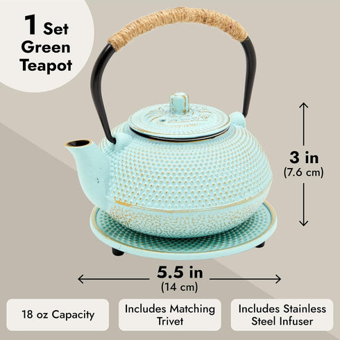 18 oz/500 ml, 3-Piece Set Set Juvale Cast Iron Tea Kettle with Infuser - Green, - Teapot for Brewing Loose Leaf Tea