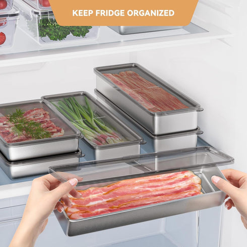 Freshmage Bacon Container for Refrigerator, 304 Stainless Steel Airtight Deli Meat Storage, Dishwasher Safe