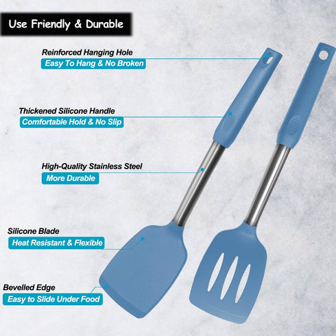Silicone Spatula and Cooking Spoon Set - 5 Pack with Solid & Slotted Spoons, Heat Resistant, Starry Blue