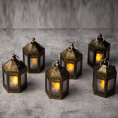 Mini Star Lantern with Flickering LED - Set of 6 Copper Brushed Decorative Hanging Light for Indoor Use