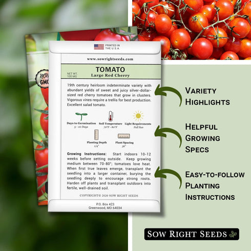 Packet (4) Sow Right Seeds - Large Red Cherry Tomato Seeds for Planting - Non-GMO Heirloom with Instructions to Plant a