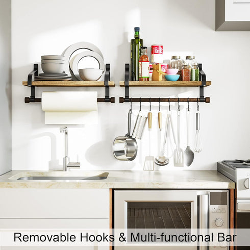 Love-KANKEI Floating Shelf, Rustic Wood Kitchen Spice Rack with Towel Bar and 8 Removable Hooks for Utensils