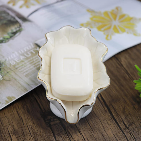 Soap Dish Ceramic White - Lotus Leaf Shape Holder - Self Draining Soap Dish for Bathroom, Kitchen, Bar Counter