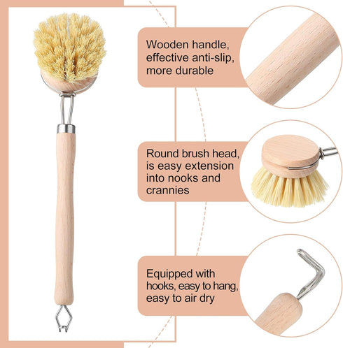 Maxdot 4 2 Inch Pcs Kitchen Dish Brush with Beechwood Handle Natural Wooden Handle Scrub Brush Fiber Bristles Dish