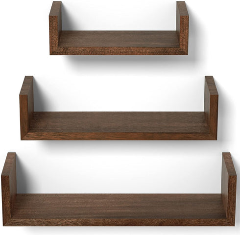 SRIWATANA Set of 3 Wall Mounted Floating Shelves, Solid Wood, Dark Brown