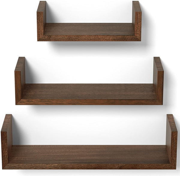SRIWATANA Set of 3 Wall Mounted Floating Shelves, Solid Wood, Dark Brown