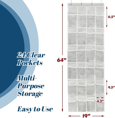 Simple Houseware 24 Pockets Over The Door Hanging Shoe Organizer, Crystal Clear, Gray (64'' x 19'')