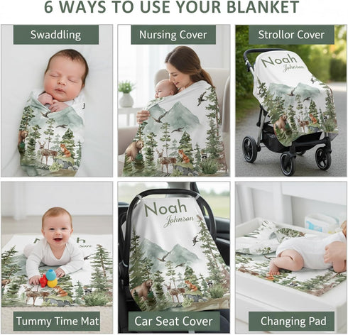 Personalized Woodland Baby Blanket with Name, Custom Name Blanket for Boy, Printed in USA, Super Soft Blankets