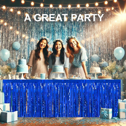 allgala Blue Tinsel Table Skirt 2-Pack, 29x108 Inch Metallic Foil Fringe for Party Decor