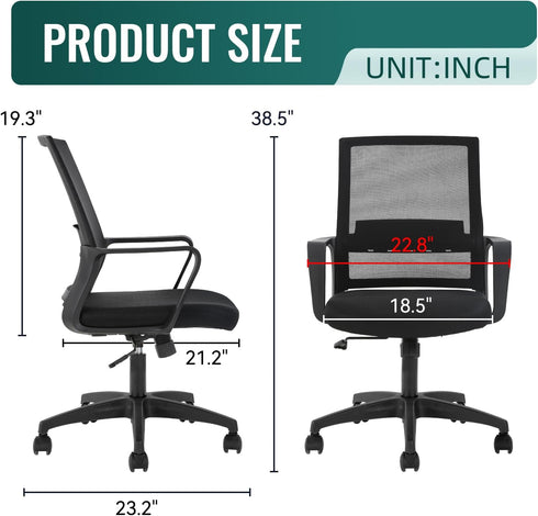 FDW Ergonomic Office Chair, Mid-Back Mesh Computer Chair with Lumbar Support, Adjustable Rolling Swivel