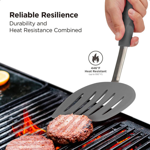 Kitchen Mama WALTZGRIP Platinum Silicone Pancake Turner: Heat-Resistant, Wide Slotted Head, Stainless Steel Core (Metal