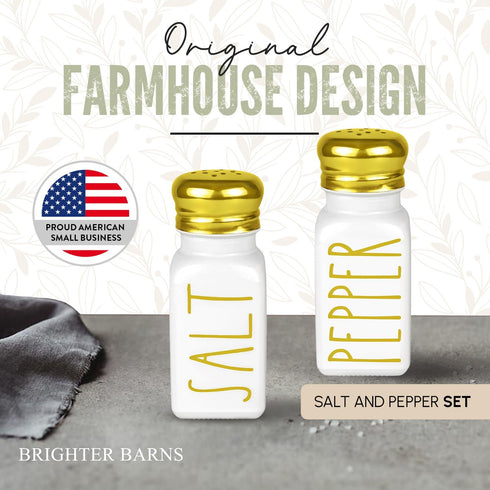 Luxury Gold Salt and Pepper Shakers Set by Brighter Barns, Modern Farmhouse Decor, Glass Shakers & Stainless Steel Lid