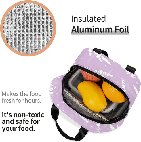 Reusable Lunch Box - Cute Lavender Flowers Light Purple Cooler Tote for Travel Picnic, Insulated Durable Shopping