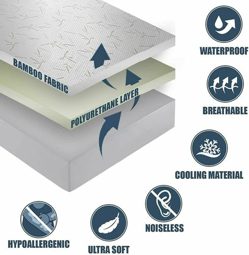 Bamboo Mattress Protector with Zipper, 100% Waterproof King Size Cooling Cover, Ultra Soft Jacquard Fabric