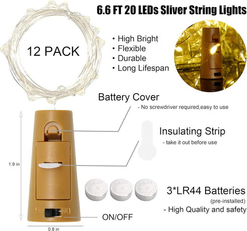 12 Packs 20 SmilingTown LEDs Wine Bottle Lights with Cork - Silver Wire Cork Lights Battery Operated Fairy Mini String