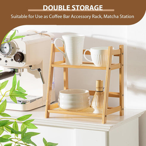 1 2 Countertop Display(Wood,10.2 Inch) Yalikop Pcs Tier Matcha Station Shelf Bamboo Coffee Mug Stand Storage Rack