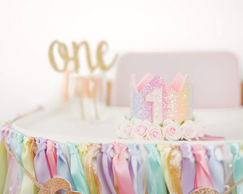 1st Set PapaKit Girls Birthday High Chair Premium Decoration - Pastel Rainbow Ribbon Garland, Crown, One Banner & Cake