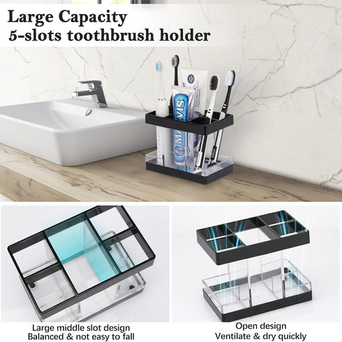 Toothbrush Holders for Bathroom, 5 Slots Electric Toothbrush and Toothpaste Organizer, Clear/Black Makeup Brush Storage
