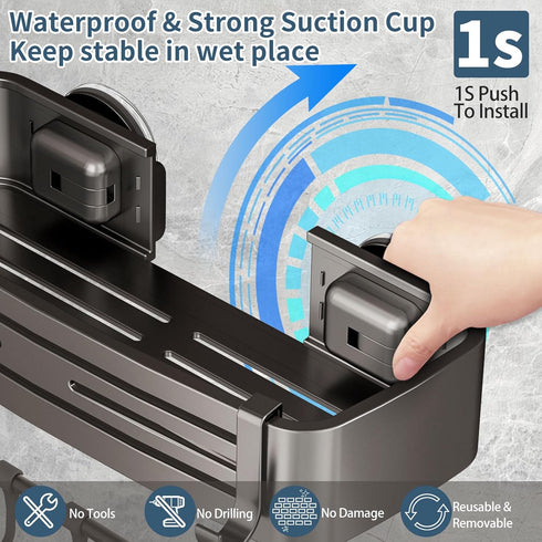 OKEJUNYE Shower Caddy Suction Cup, No Drilling Removable Shower Shelf with Towel Bar & Portable Hooks, Aluminum