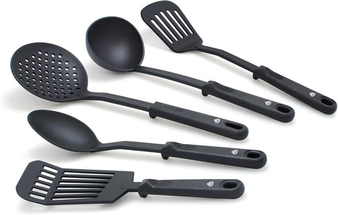Blue Diamond 5 Piece Nylon Utensil Set, Black - Dishwasher Safe Solid Spoons, Handy Ladle, Slotted Turner & Spatula