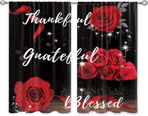 Red Rose Flower Small Kitchen Curtains, Floral Inspirational Quotes Window Treatment 27.5x39 Inch