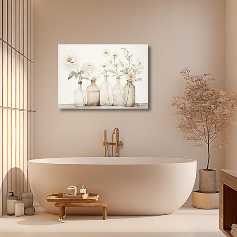 LZIMU Bathroom Picture Wall Decor, Flowers in Bottle Canvas Prints, Rustic Floral Painting Framed (B, 12"x18")