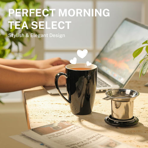 Sweese 15 OZ Porcelain Tea Mug with Infuser and Lid, Black Loose Leaf Tea Cup, Gifts for Tea Lovers