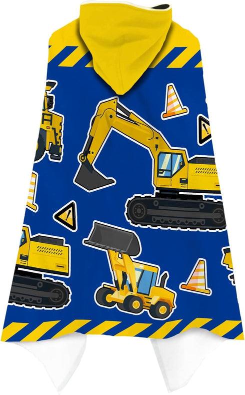 Kids Beach Towel with Hood - Excavators Vehicles Theme for Boys & Girls, Microfiber Soft Bath Poncho Wrap Robe