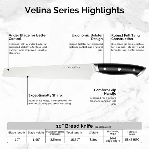 WICKWILLOW 10 Inch X50CrMoV15 Bread Knife German Steel Serrated Knife for Homemade Bread, Sourdough & Artisan Loaves