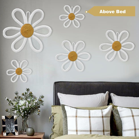 6 Pcs Boho Nursery Daisy Wall Decor, Woven Flowers Wall Hanging Art, White Boho Floral Room Decor with Lanyard