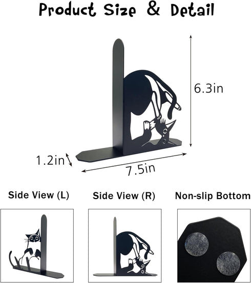 Vausart Cute Cat Metal Bookends Cat Book Ends for Shelves Bookshelf Decorative Objects Home Office Desk Bookshelf Decor