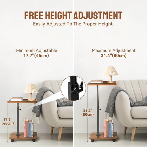 360 Adjustable C Shaped Side Table, C Table End Table with Wheels for Sofa, Swivel Sofa Table