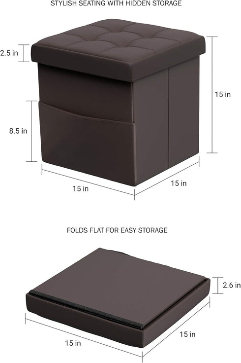 Lavish Home Foldable Storage Cube Ottoman with Pocket Tufted Faux Leather Footrest Organizer for Bedroom, Living Room